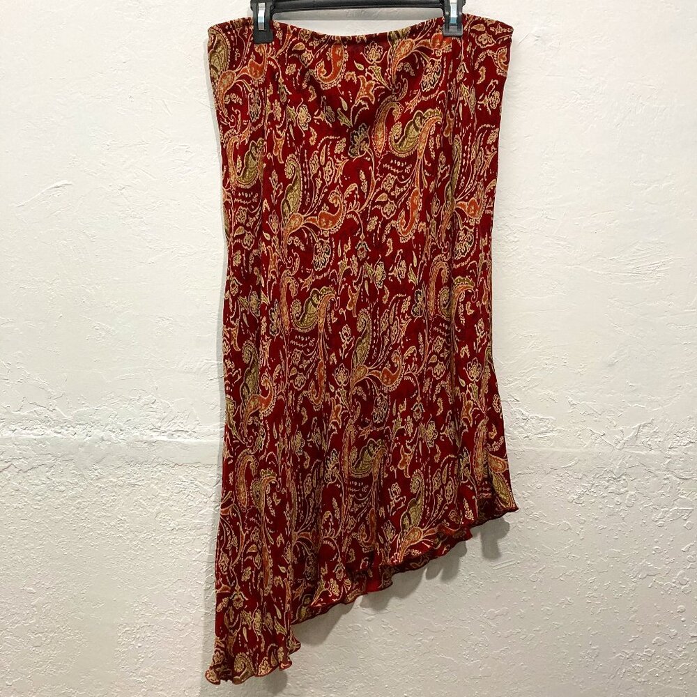 Venezia Jeans Silk Asymmetrical Long Skirt Paisley Red Sheer Y2K Fairy 18/20
